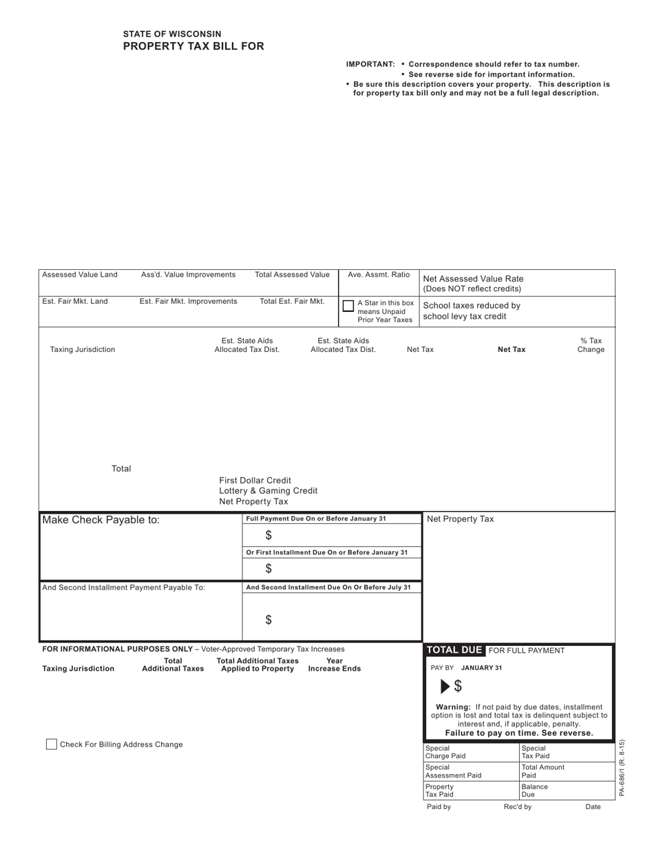 Form PA-686 / 1 Property Tax Bill - Wisconsin, Page 1