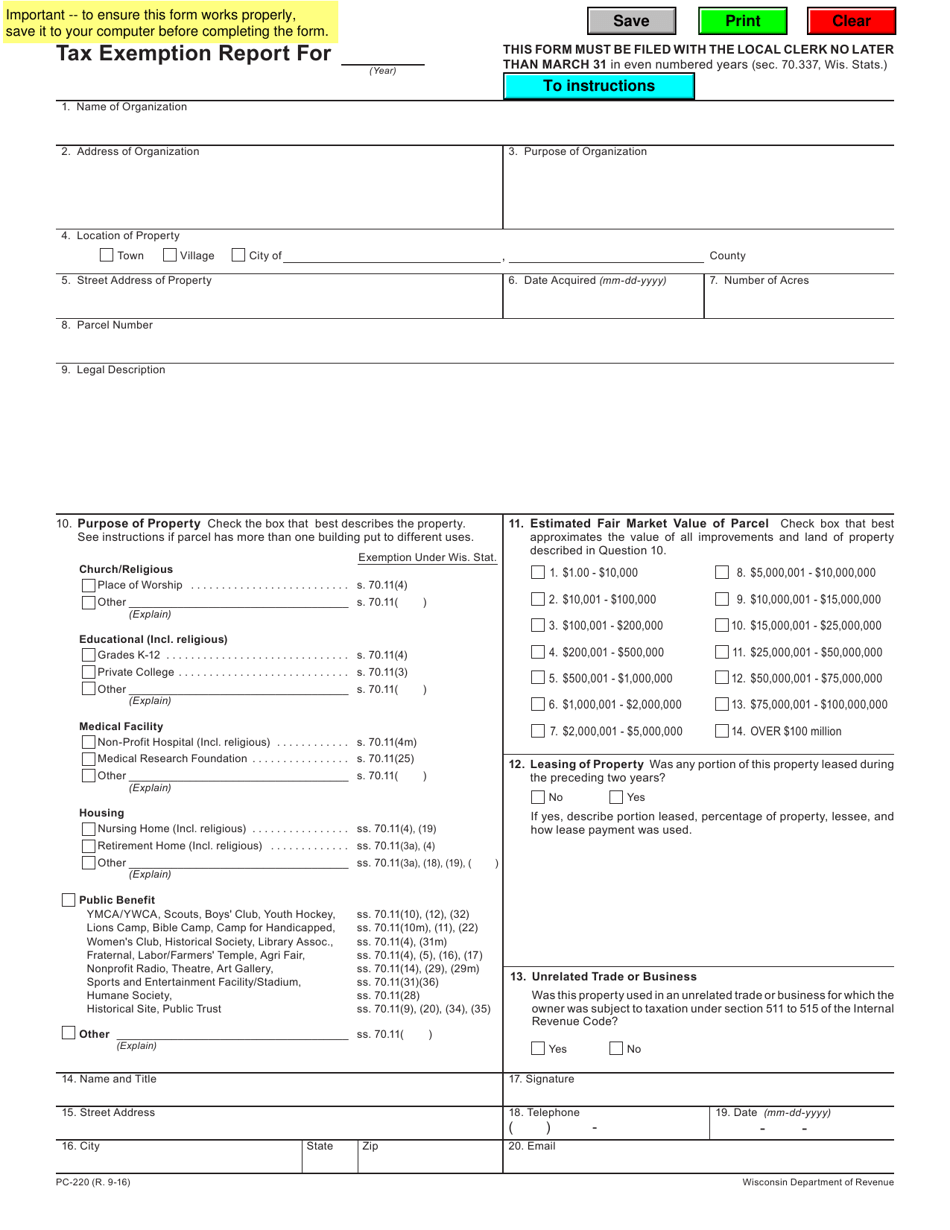 Form PC-220 Tax Exemption Report - Wisconsin, Page 1