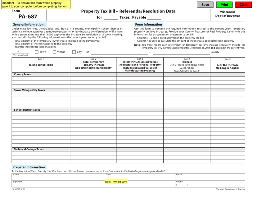 Form PA-687 Property Tax Bill - Referenda/Resolution Data - Wisconsin