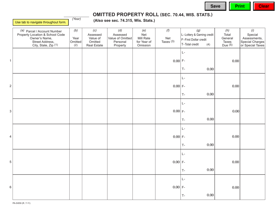 Form PA-5 / 659 Omitted Property Roll - Wisconsin, Page 1