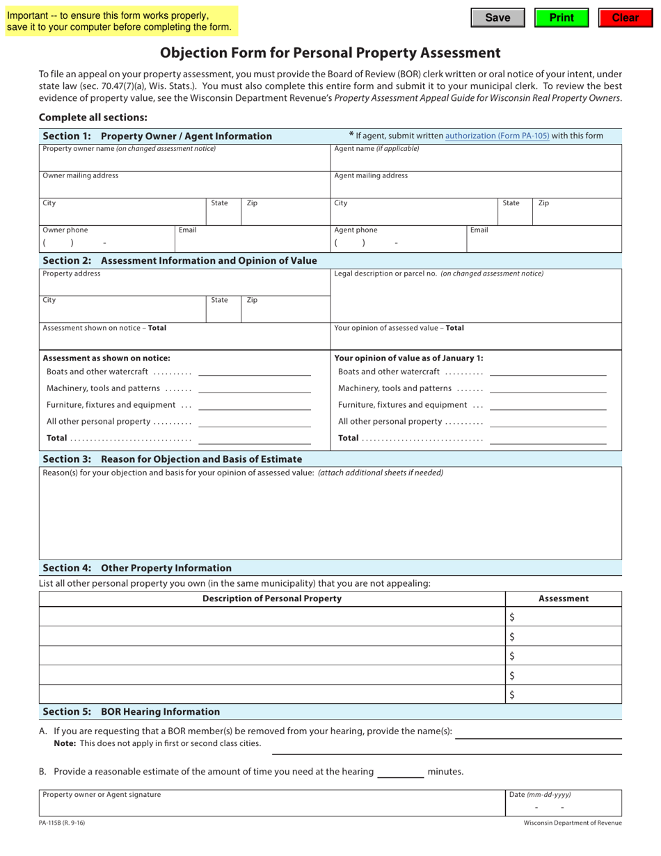 Form PA-115B Objection Form for Personal Property Assessment - Wisconsin, Page 1