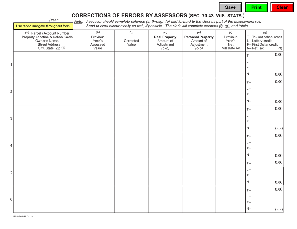 Form PA-5 / 661 Corrections of Errors by Assessors - Wisconsin, Page 1