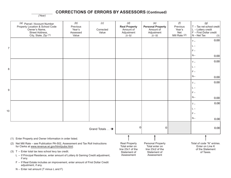 Form PA-5 / 661 Corrections of Errors by Assessors - Wisconsin, Page 2