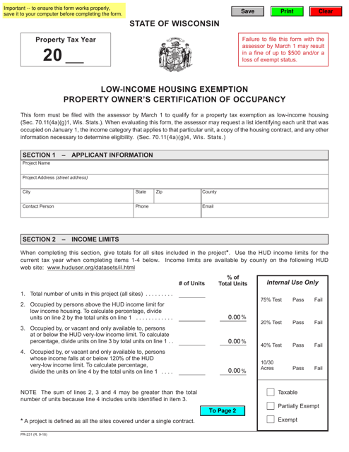 Form PR-231 Low-Income Housing Exemption Property Owner's Certification of Occupancy - Wisconsin