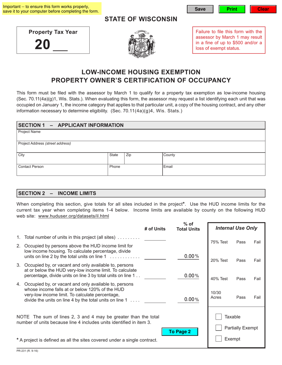 Form PR-231 Low-Income Housing Exemption Property Owners Certification of Occupancy - Wisconsin, Page 1
