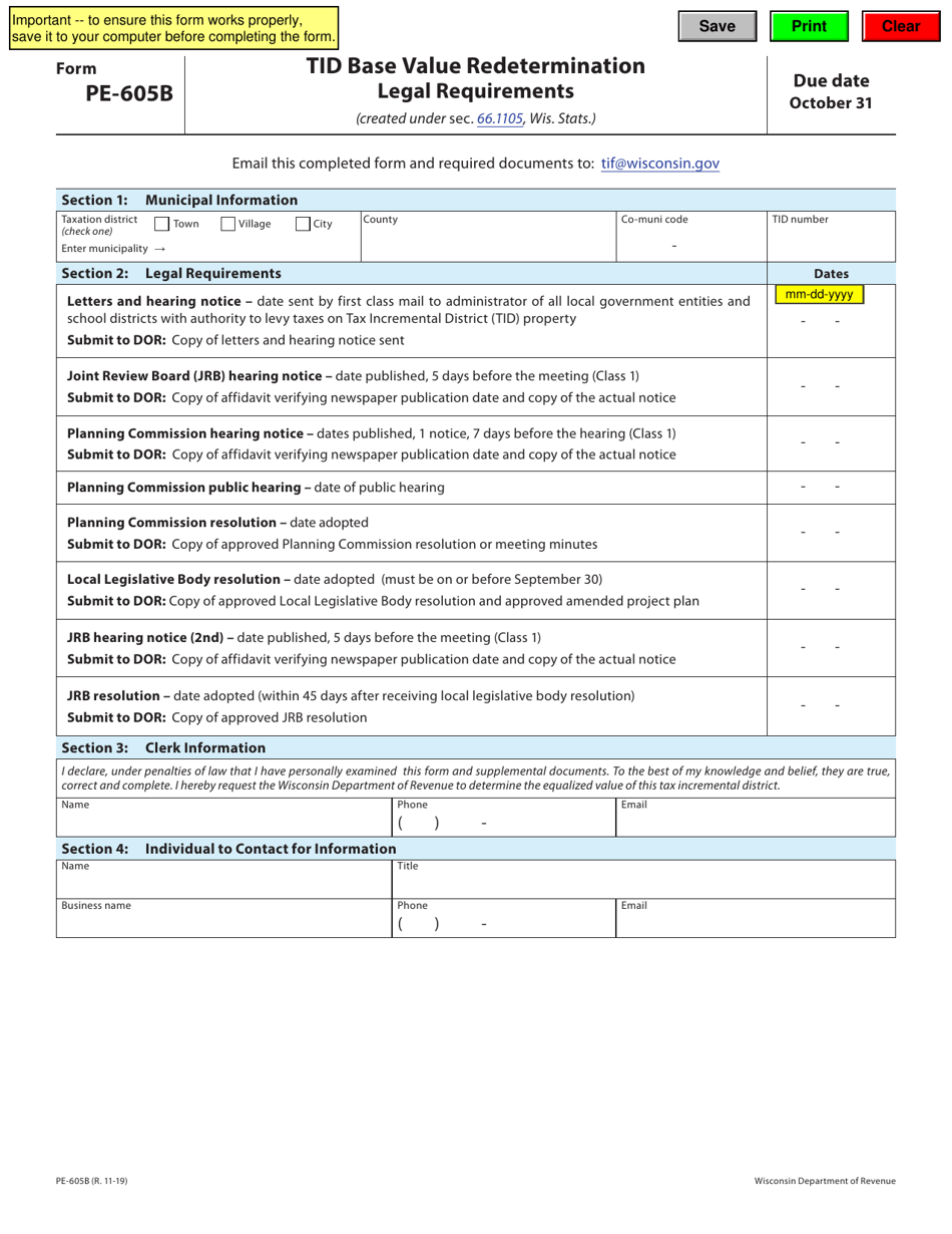Form PE-605B Tid Base Value Redetermination - Wisconsin, Page 1