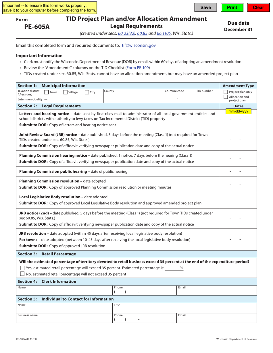 Form PE-605A Tid Project Plan and / or Allocation Amendment - Wisconsin, Page 1