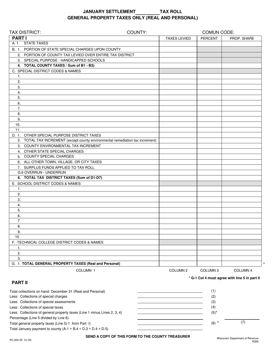 Form PC-500 January Settlement Form - Wisconsin, Page 1