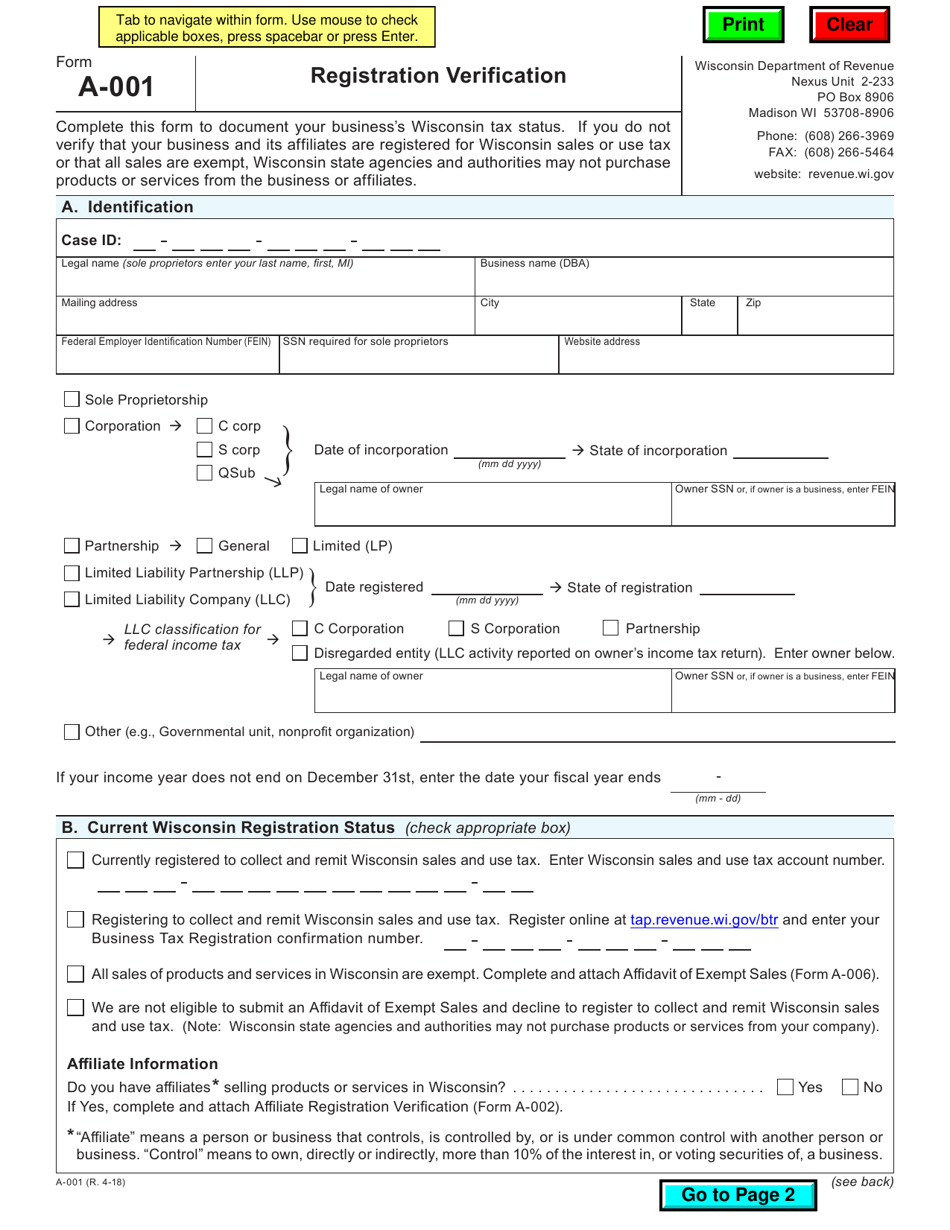 Form A-001 Registration Verification - Wisconsin, Page 1