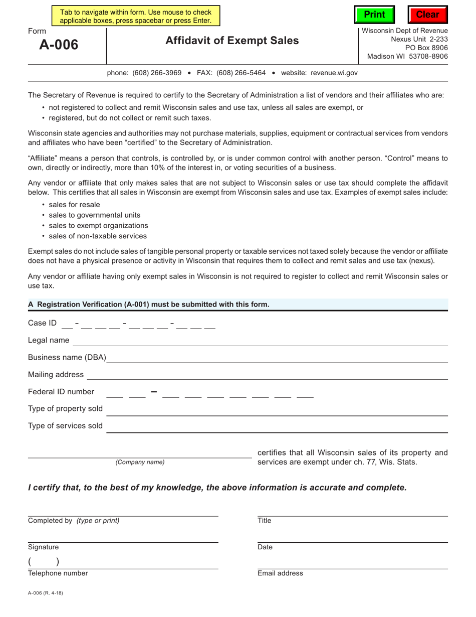 Form A-006 Affidavit of Exempt Sales - Wisconsin, Page 1