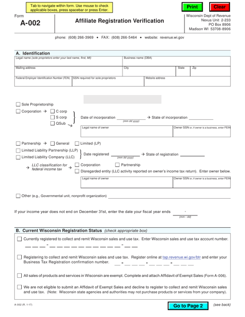 Form A-002 Affiliate Registration Verification - Wisconsin