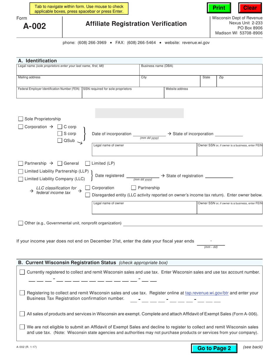 Form A-002 Affiliate Registration Verification - Wisconsin, Page 1