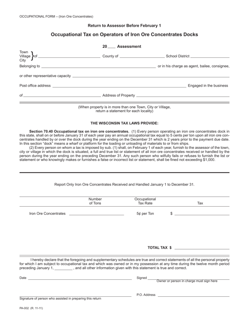 Form PA-002 Occupational Tax on Operators of Iron Ore Concentrates Docks - Wisconsin