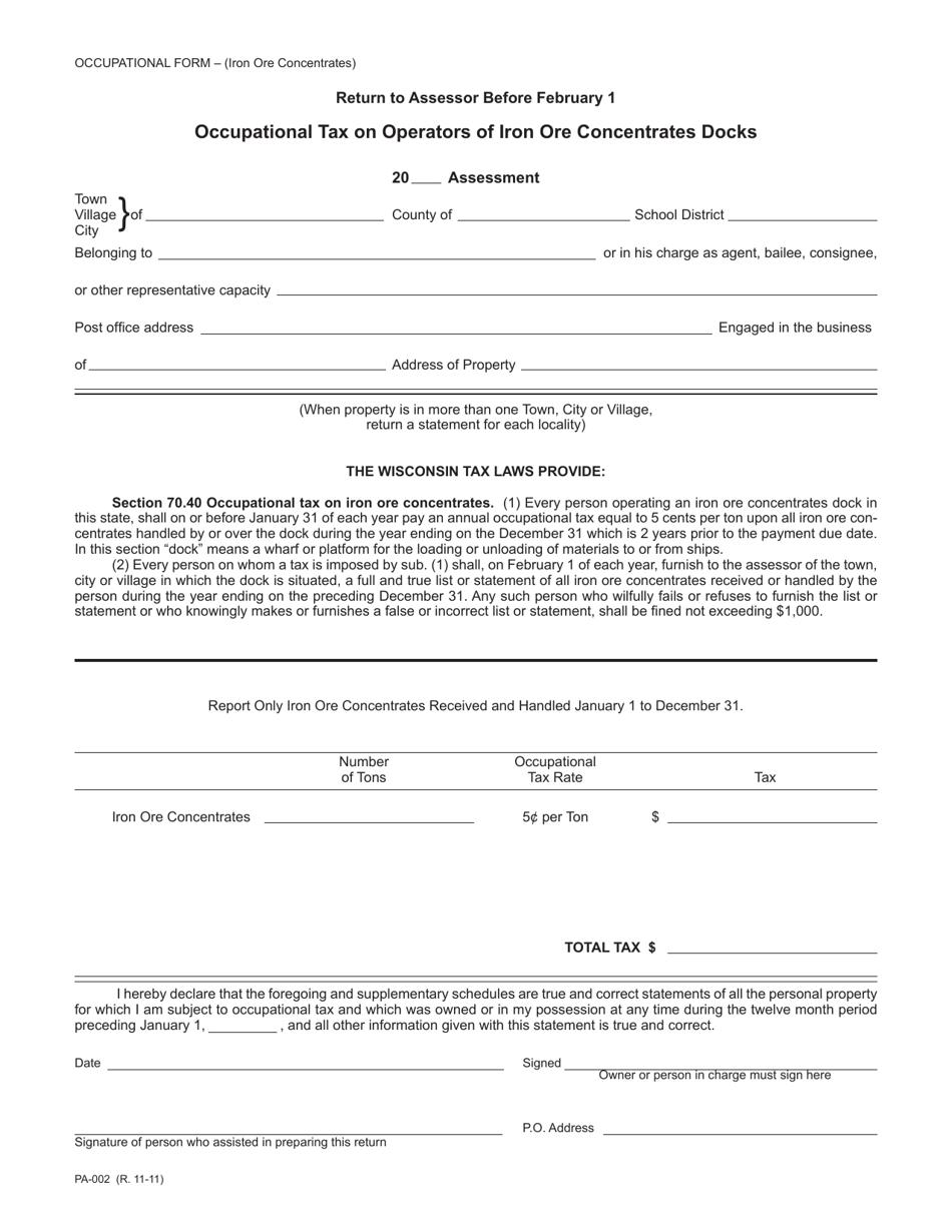 Form PA-002 Occupational Tax on Operators of Iron Ore Concentrates Docks - Wisconsin, Page 1
