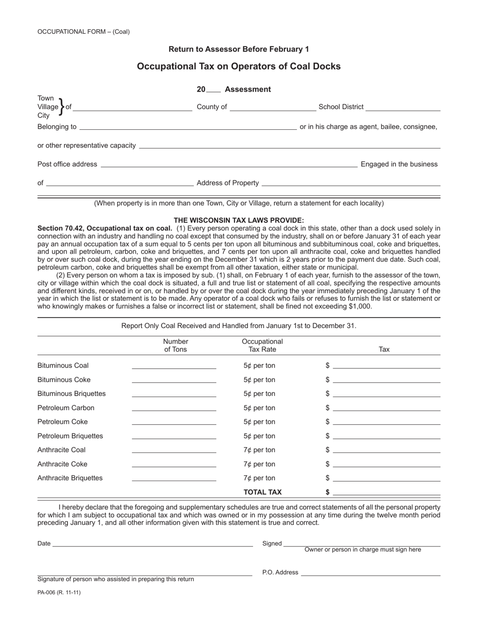 Form PA-006 Occupational Tax on Operators of Coal Docks - Wisconsin, Page 1