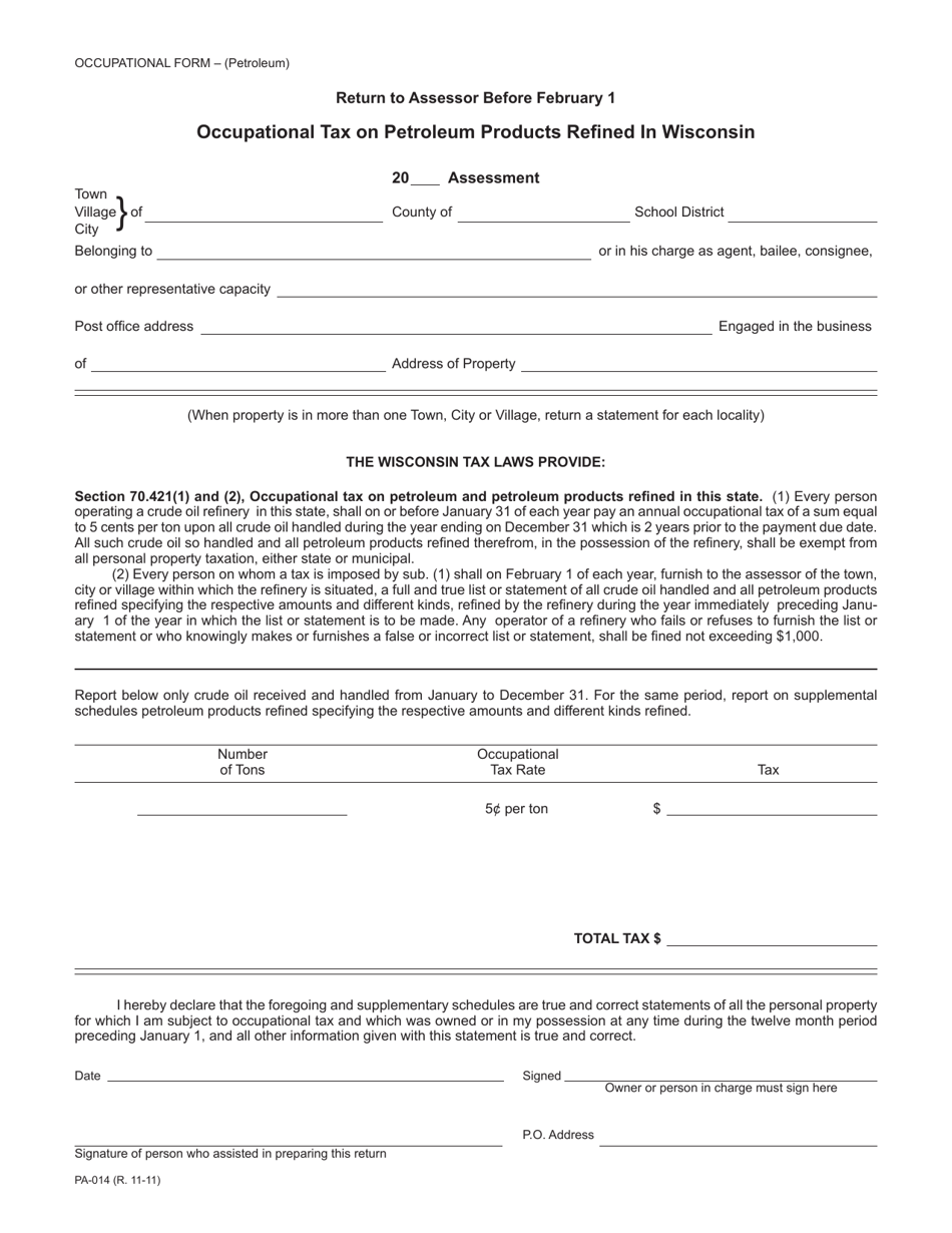 Form PA-014 Occupational Tax on Petroleum Products Refined in Wisconsin - Wisconsin, Page 1