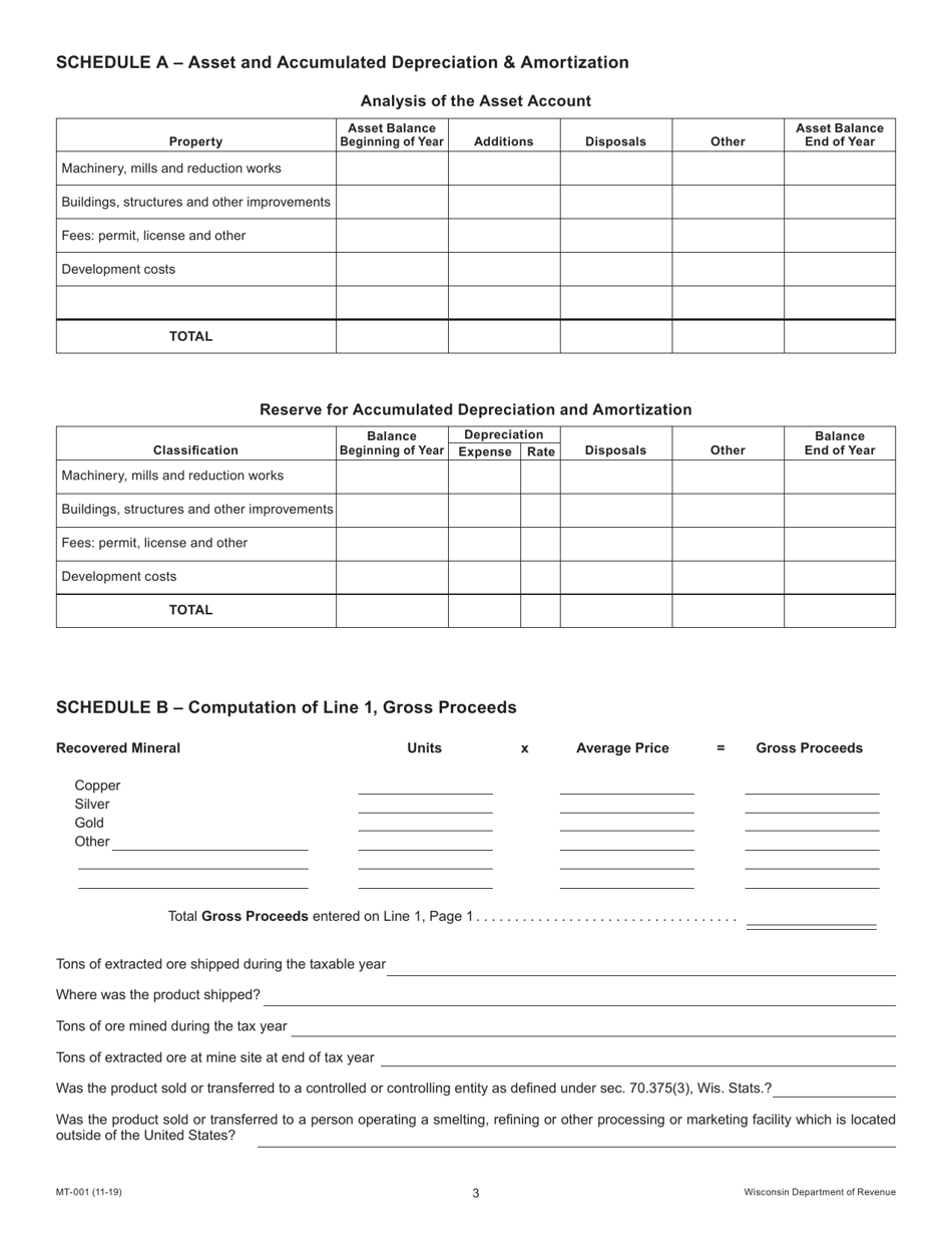 Form MT-001 Report of Net Proceeds Occupation Tax on Mining of Metallic Minerals - Wisconsin, Page 3