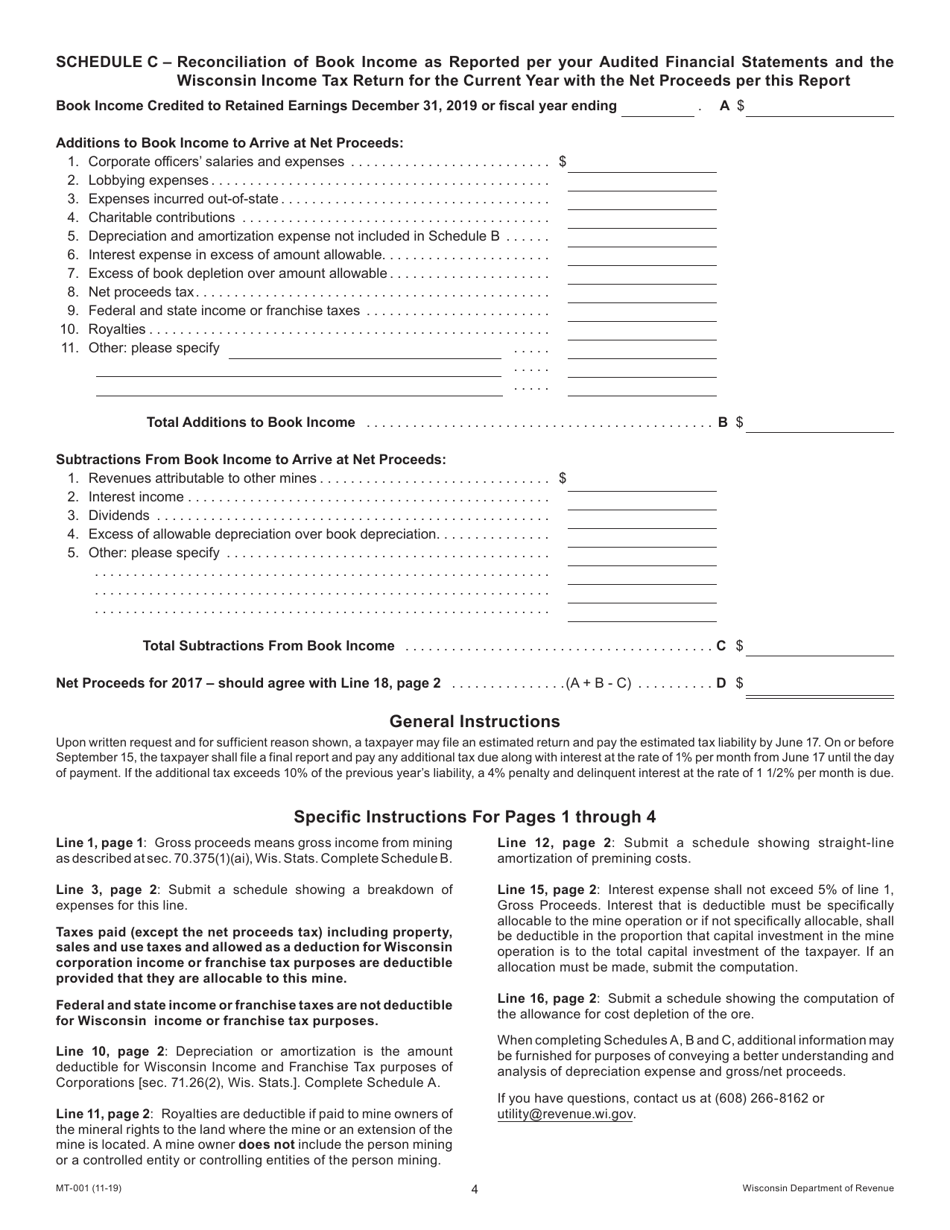 Form MT-001 Report of Net Proceeds Occupation Tax on Mining of Metallic Minerals - Wisconsin, Page 4