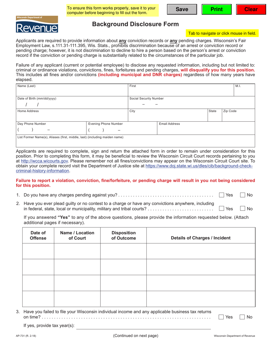 Form AP-731 Background Disclosure Form - Wisconsin, Page 1