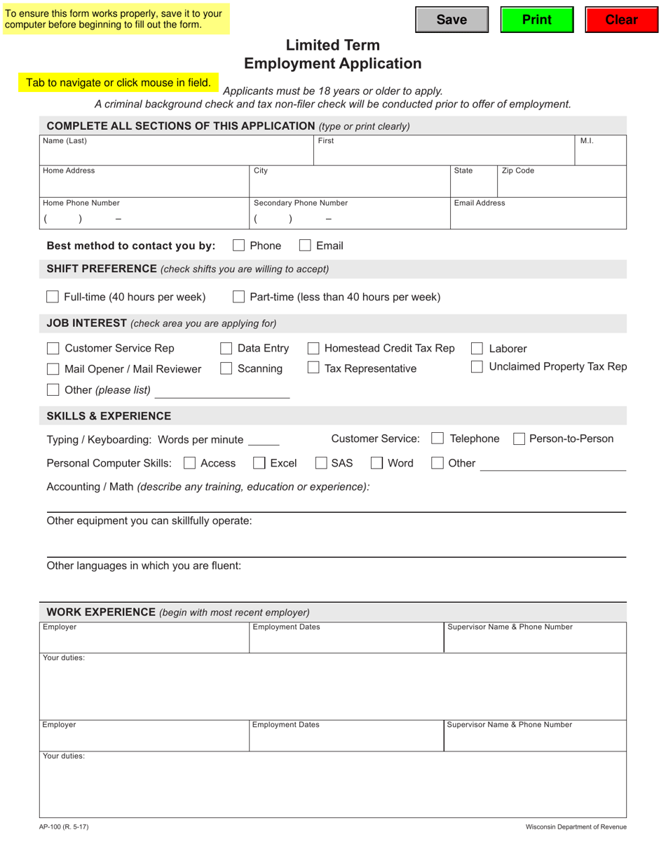 Form AP-100 Limited Term Employment Application - Wisconsin, Page 1