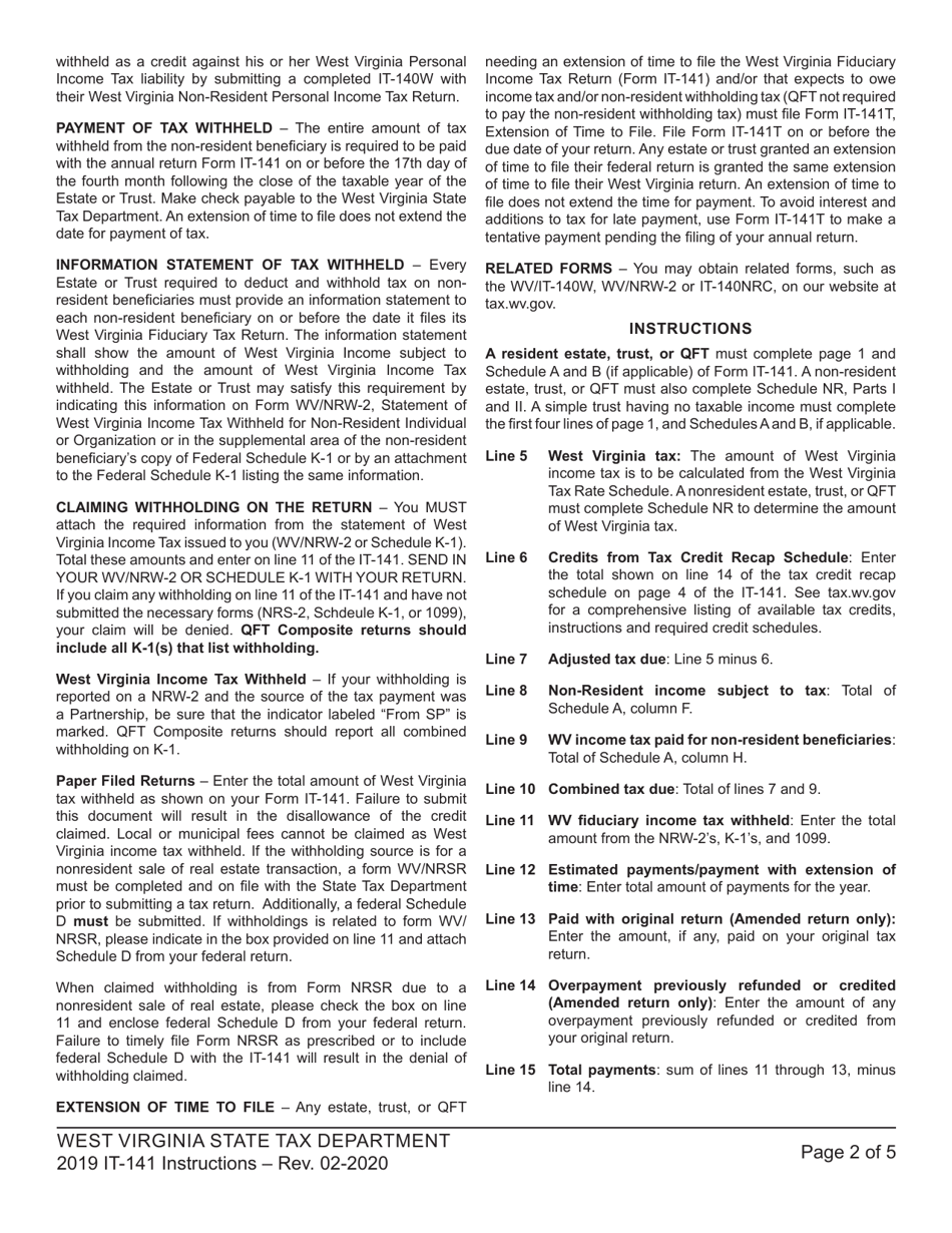 Instructions for Form IT-141 Fiduciary Income Tax Return for Resident and Non-resident Estates and Trusts - West Virginia, Page 2