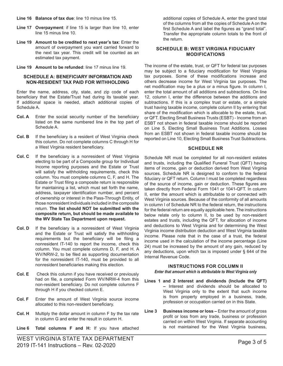 Instructions for Form IT-141 Fiduciary Income Tax Return for Resident and Non-resident Estates and Trusts - West Virginia, Page 3