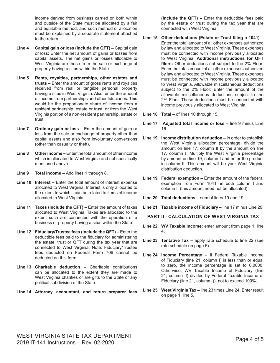 Instructions for Form IT-141 Fiduciary Income Tax Return for Resident and Non-resident Estates and Trusts - West Virginia, Page 4