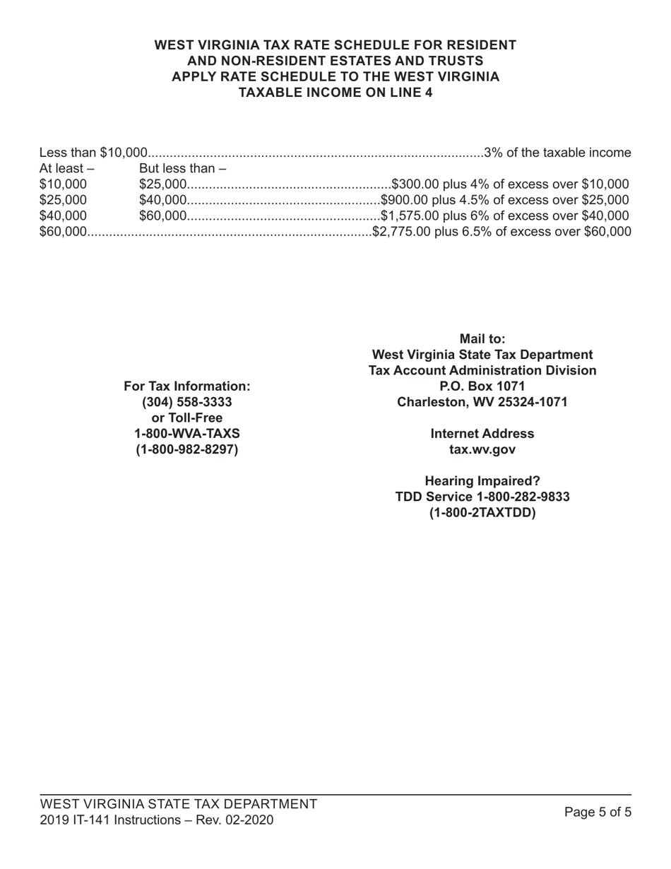 Instructions for Form IT-141 Fiduciary Income Tax Return for Resident and Non-resident Estates and Trusts - West Virginia, Page 5