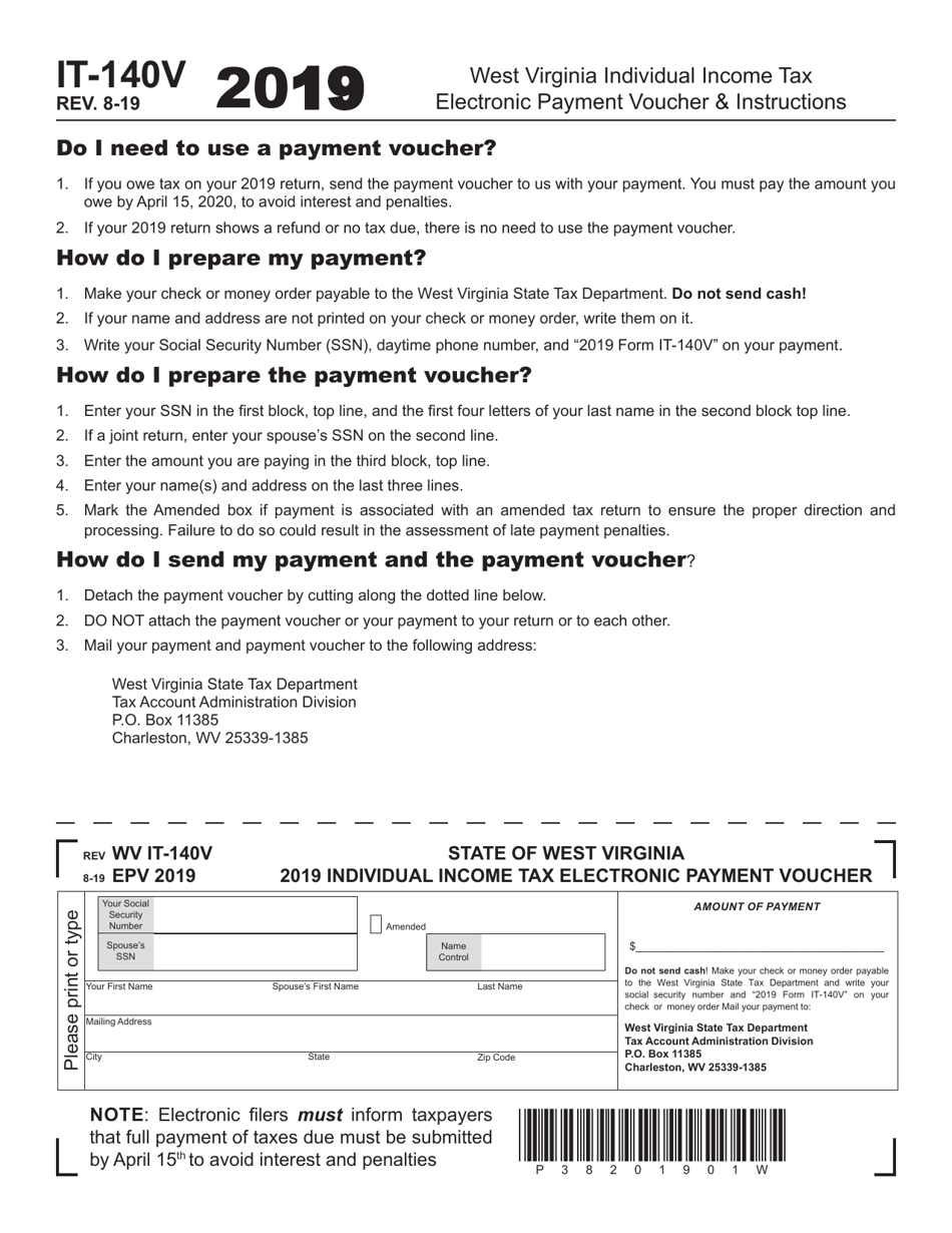Form IT-140V West Virginia Individual Income Tax Electronic Payment Voucher - West Virginia, Page 1