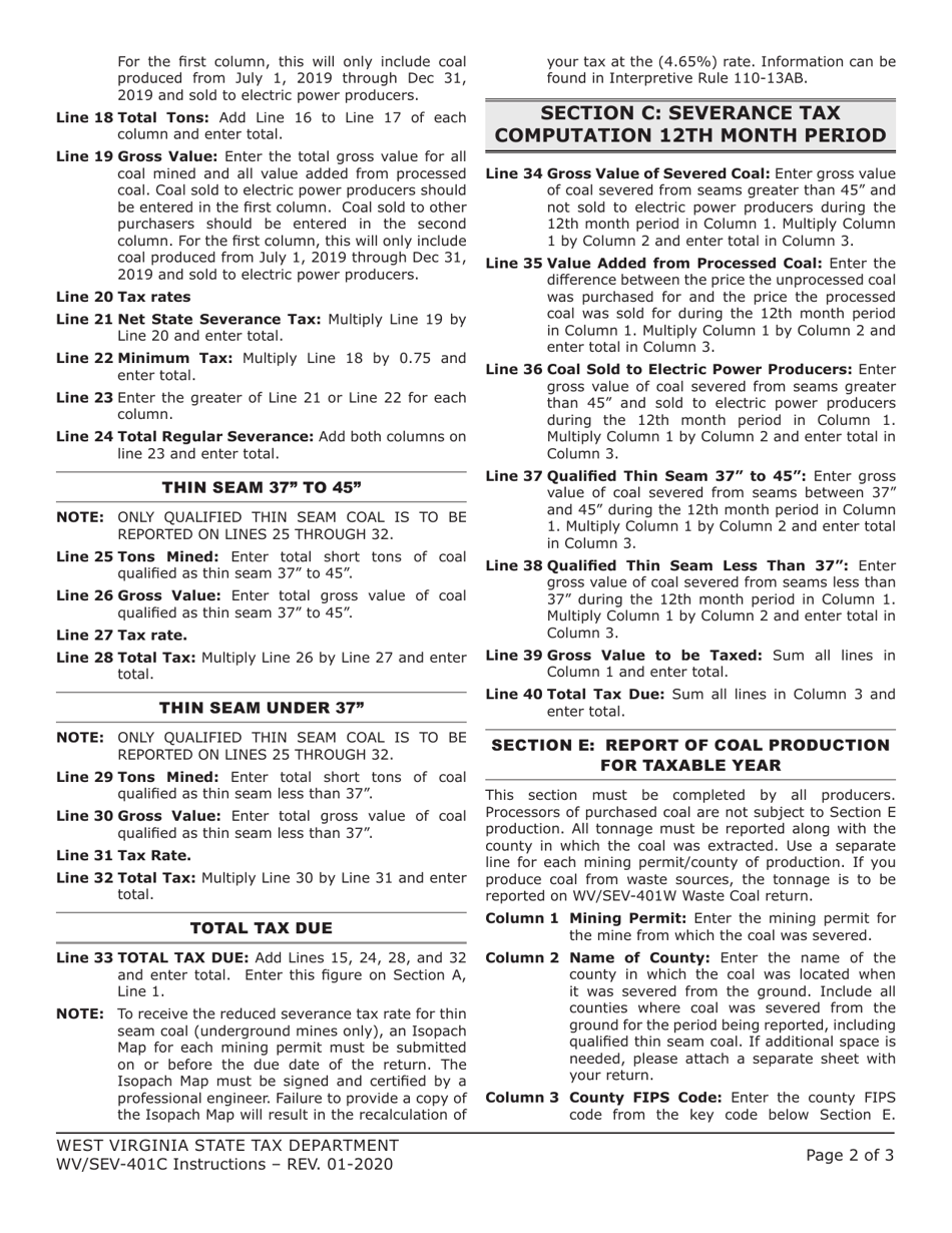 Instructions for Form WV / SEV-401C Annual Coal Severance Tax Return - West Virginia, Page 2