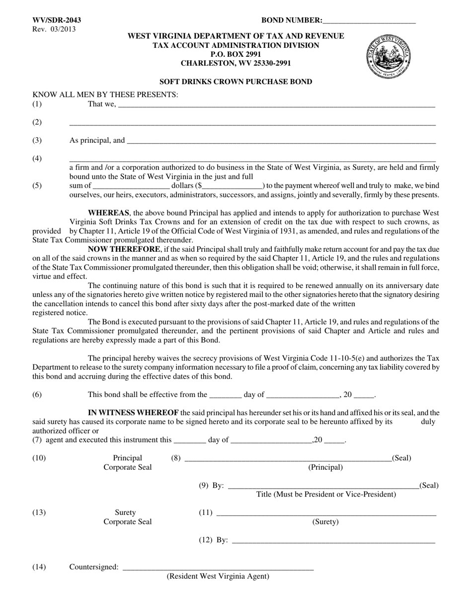 Form WV / SDR-2043 Soft Drinks Crown Purchase Bond - West Virginia, Page 1