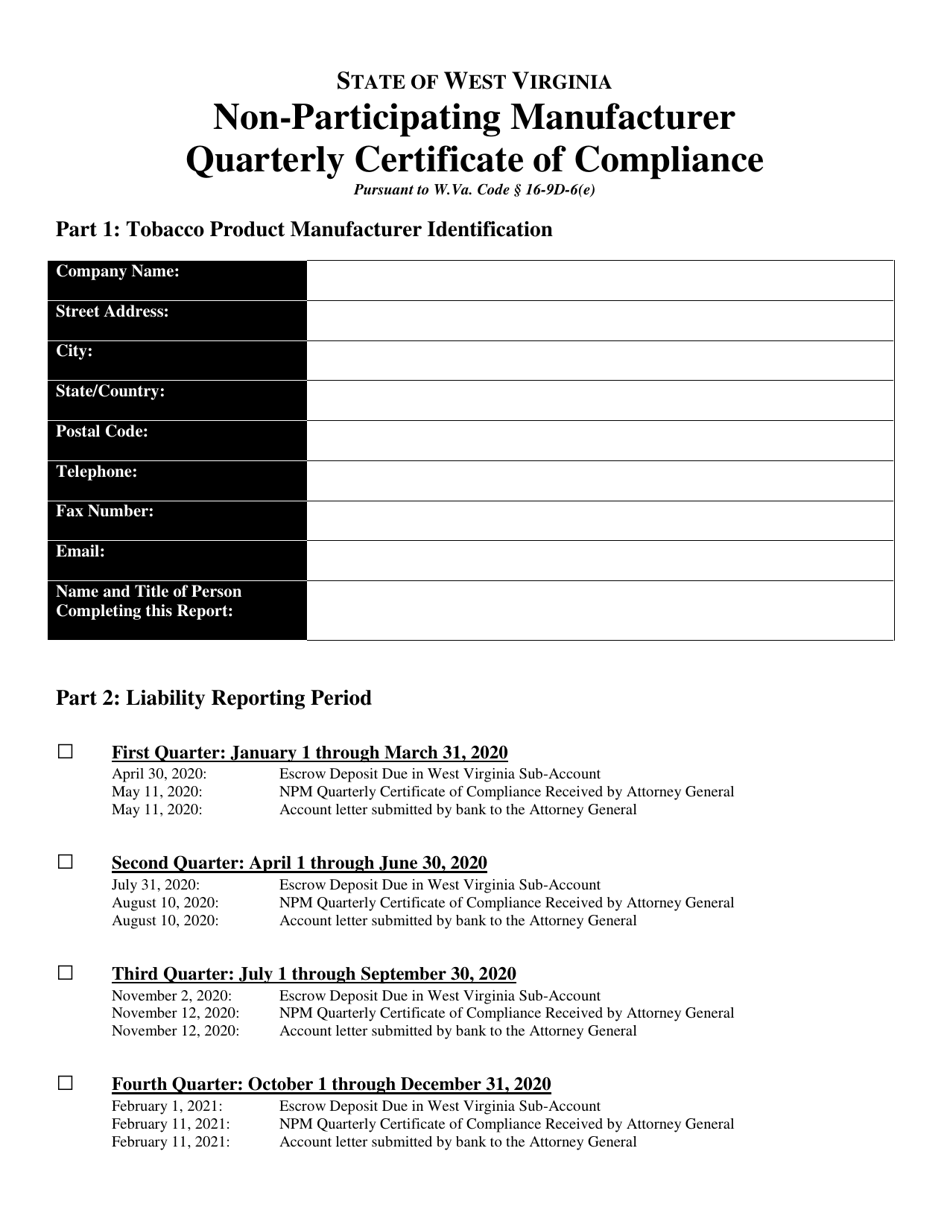 Non-participating Manufacturer Quarterly Certificate of Compliance - West Virginia, Page 1
