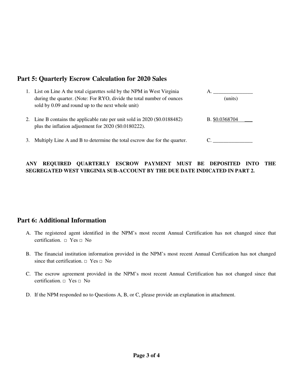 Non-participating Manufacturer Quarterly Certificate of Compliance - West Virginia, Page 3