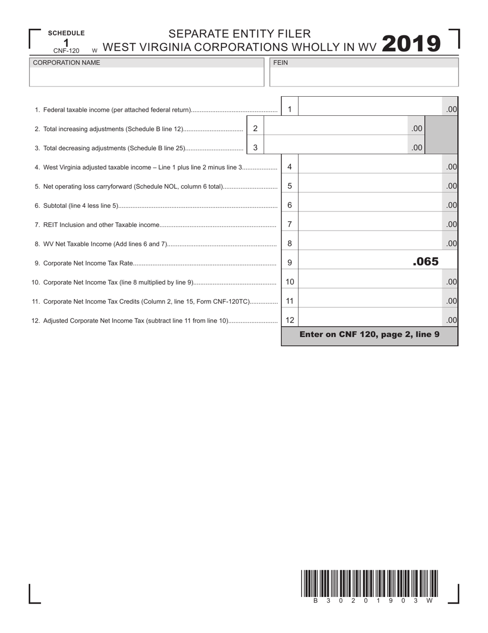 Form CNF-120 Schedule 1 Separate Entity Filer West Virginia Corporations Wholly in West Virginia - West Virginia, Page 1