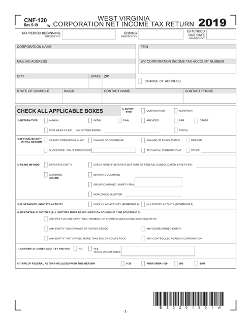 Form CNF-120 Corporation Net Income Tax Return - West Virginia, 2019