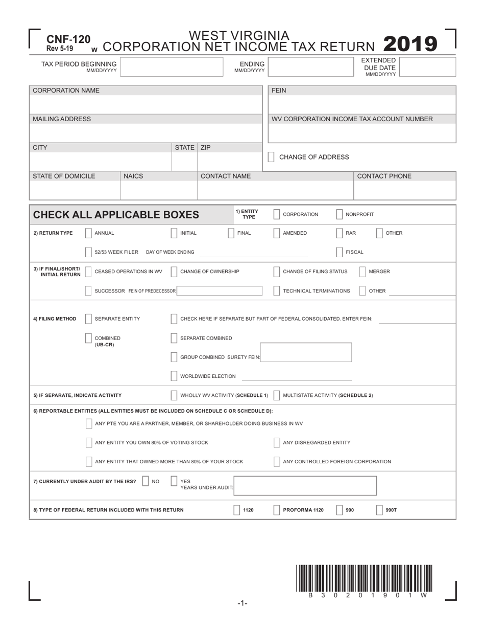 Form CNF-120 Corporation Net Income Tax Return - West Virginia, Page 1