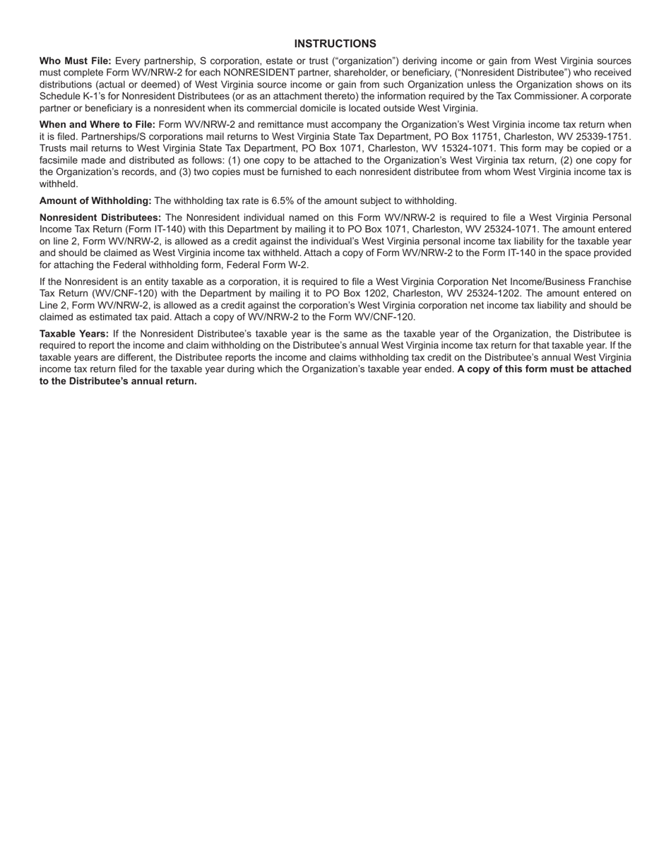Form NRW-2 Statement of West Virginia Income Tax Withheld for Nonresident Individual or Organization - West Virginia, Page 2