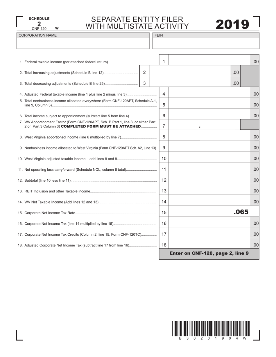 Form CNF-120 Schedule 2 Separate Entity Filer With Multistate Activity - West Virginia, Page 1
