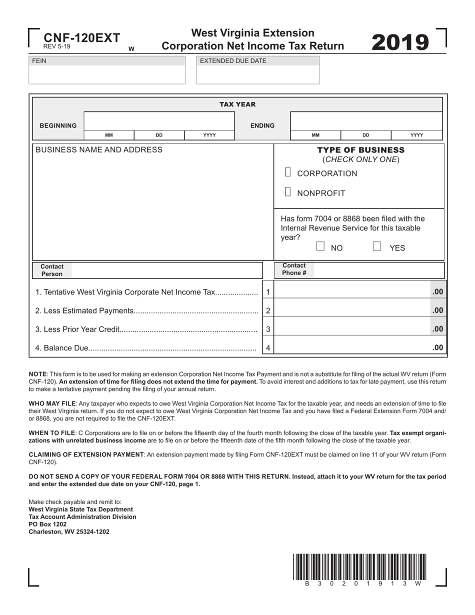 Form CNF-120EXT West Virginia Extension Corporation Net Income Tax Return - West Virginia, Page 1