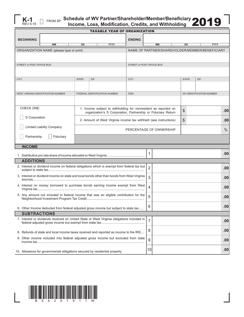 2019 West Virginia Schedule of Wv Partner/Shareholder/Member/Beneficiary Income, Loss 2019 West Virginia Schedule of Wv Partner/Shareholder/Member/Beneficiary Income, Loss