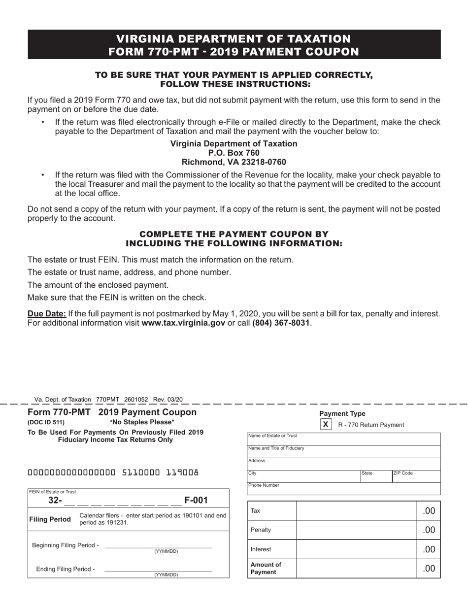 Form 770-PMT Payment Voucher for Previously Filed Fiduciary Income Tax Returns - Virginia, Page 1