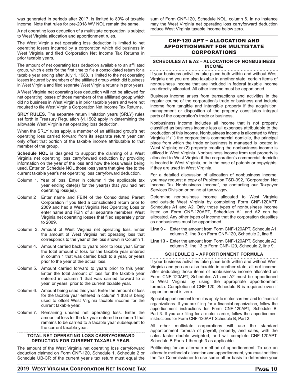 Instructions for Form CNF-120 West Virginia Corporation Net Income Tax Return - West Virginia, Page 10