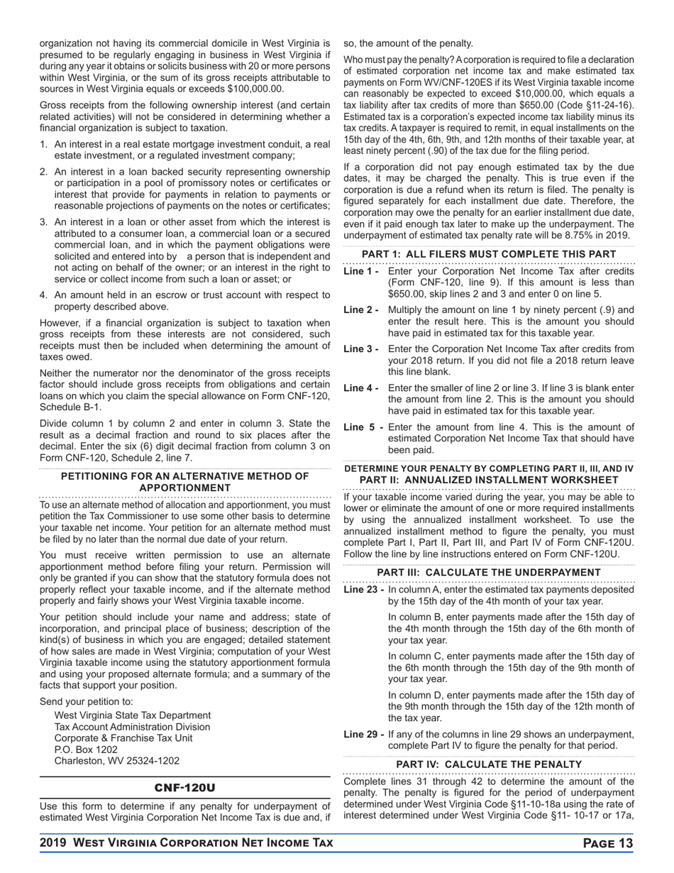 Instructions for Form CNF-120 West Virginia Corporation Net Income Tax Return - West Virginia, Page 13