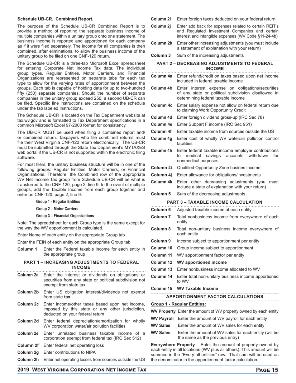 Instructions for Form CNF-120 West Virginia Corporation Net Income Tax Return - West Virginia, Page 15