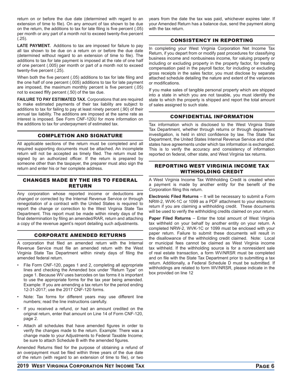 Instructions for Form CNF-120 West Virginia Corporation Net Income Tax Return - West Virginia, Page 6