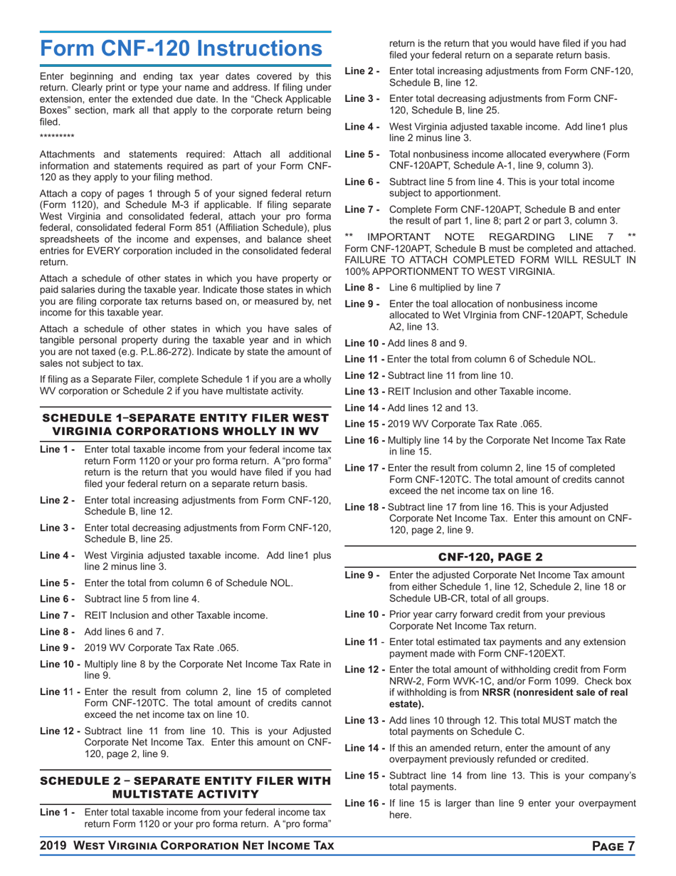 Instructions for Form CNF-120 West Virginia Corporation Net Income Tax Return - West Virginia, Page 7