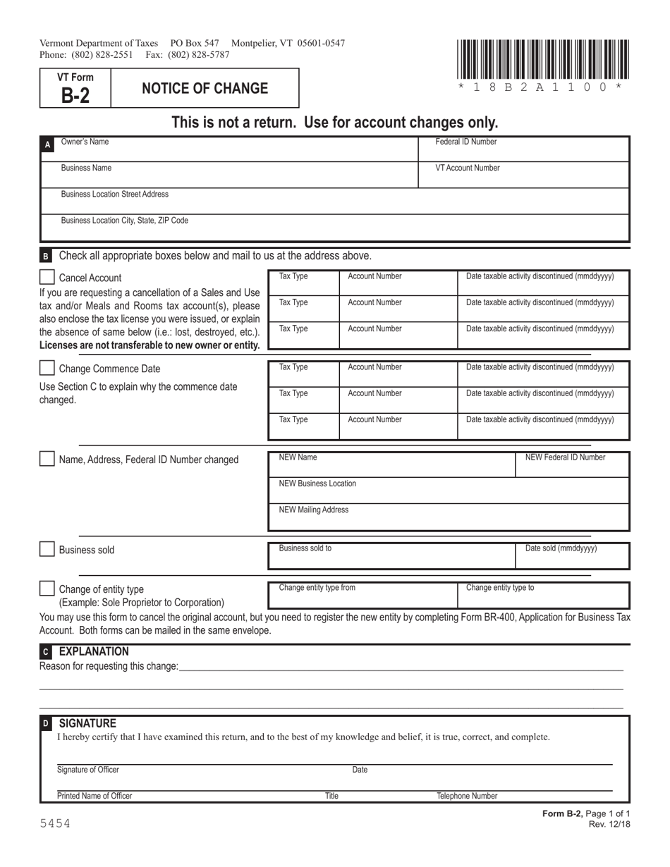VT Form B-2 Notice of Change - Vermont, Page 1