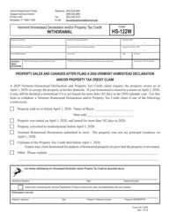 Document preview: Form HS-122W Vermont Homestead Declaration and/or Property Tax Credit Withdrawal - Vermont