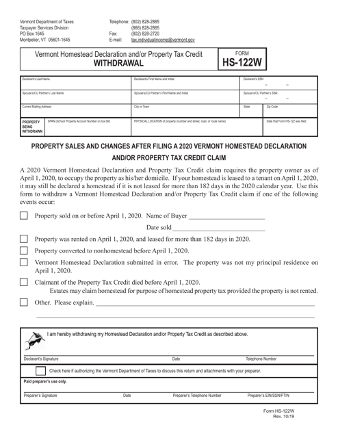 Form HS-122W 2020 Printable Pdf
