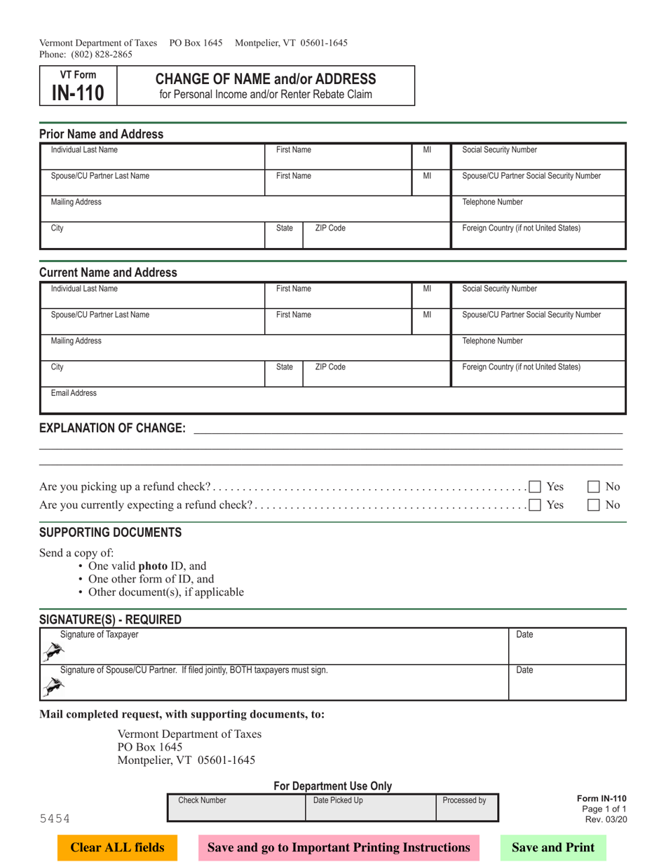 VT Form IN-110 Change of Name and / or Address for Personal Income and / or Renter Rebate Claim - Vermont, Page 1